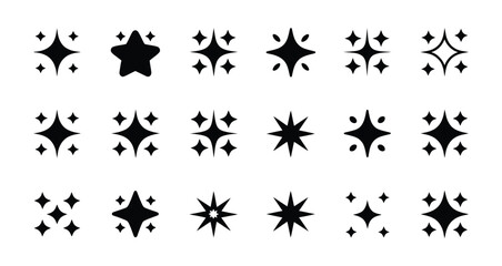 set of black sparkle and star icons in various styles, isolated on white background, symbols of shine, magic, glow, or decoration
