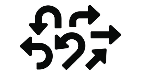 set of black curved arrow icons showing various directions and turns, isolated on white background for navigation, UI, or graphic design