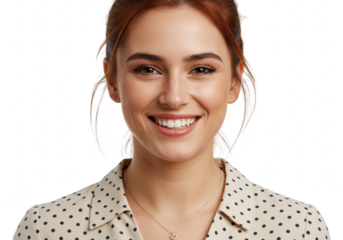 Portrait of a smiling young woman with red hair and a polka dot blouse, isolated on a transparent background