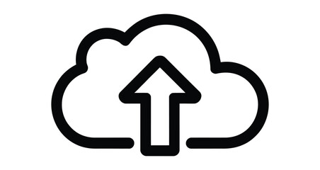 cloud upload icon in black outline style, isolated on white background, symbol of data transfer, cloud computing, and digital storage
