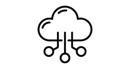 cloud computing icon with circuit lines, black outline style, isolated on white background, symbol of data network and digital technology