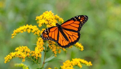 Naklejka premium Monarch Butterfly Resting on Goldenrod Flowers with Open Wings, Nature's Beauty
