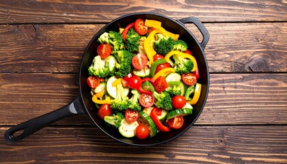 Colorful Mixed Vegetables in Cast Iron Skillet on Rustic Wood Table