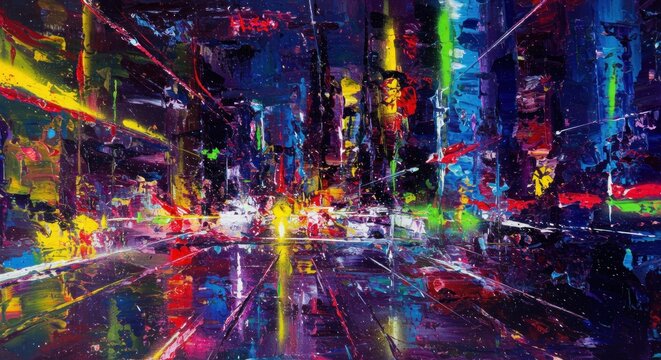 Abstract city scape Impasto with colorful lights, dark blues, yellows and reds