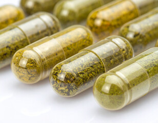 Close-up of Green Herbal Capsules on White Background, Dietary Supplements