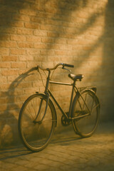 Fototapeta premium Vintage bicycle leaning against rustic brick wall in warm evening sunlight with shadows