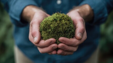 A ball of vibrant green moss held gently in two hands.