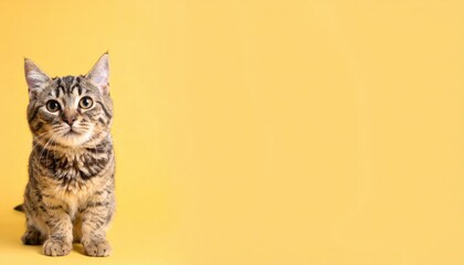 Obraz premium Playful tabby cat posing on bright yellow background pet photography studio environment close-up view feline charm