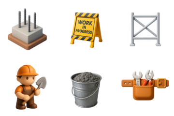 Collection of construction industry icons including a worker tools and safety equipment on a black background