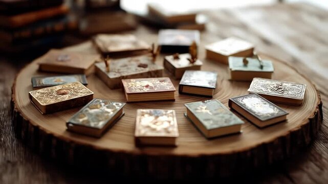 Miniature, ornate rectangular boxes, varying colors, textures, and designs, are arranged atop a wooden slab, with soft focus