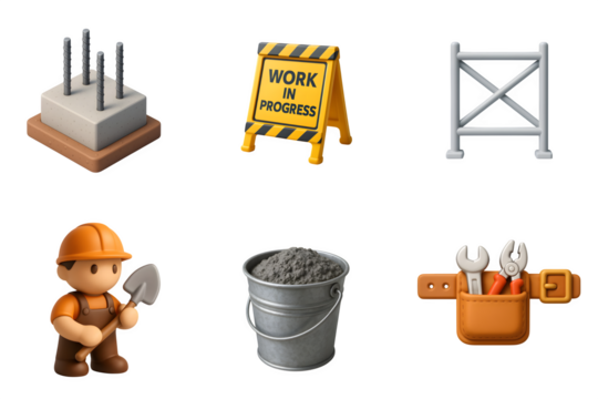 Collection of construction industry icons including a worker tools and safety equipment on a black background