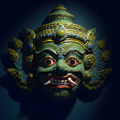 Obraz premium Intricate, teal-colored mask of a fierce deity, adorned with mosaic tiles and detailed features.