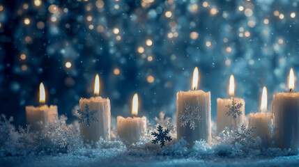 A collection of white candles with snowflakes on them, set against an icy blue background with twinkling lights and falling snow.