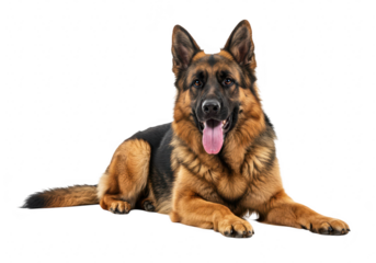 German shepherd dog lying down, isolated on transparent background, showing its alert and friendly expression with its tongue out