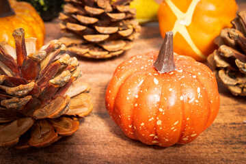 Close-up of autumn decor with orange pumpkins and pinecones. Seasonal fall composition, natural...