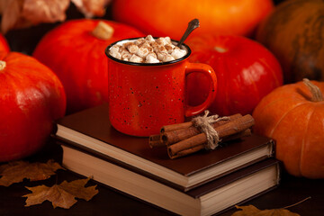 Close up autumn composition with a red mug of hot chocolate topped with marshmallows, surrounded by pumpkins, cinnamon sticks, books, and dry leaves
