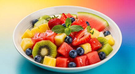 A colorful fruit salad with a rainbow background, featuring a mix of watermelon, strawberries, kiwi, blueberries, and pineapple, garnished with mint leaves and a decorative leaf, served in a white bow