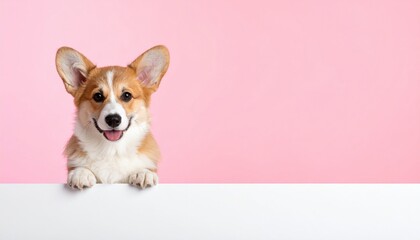 Playful corgi dog peeking over a white surface studio setting pet photography cute animal portrait pink background