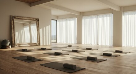 Bright, spacious yoga studio with mats laid out on hardwood floors and natural light