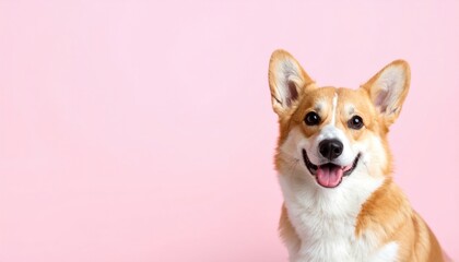 Playful corgi dog portrait studio animal photography pink background close-up adorable expression