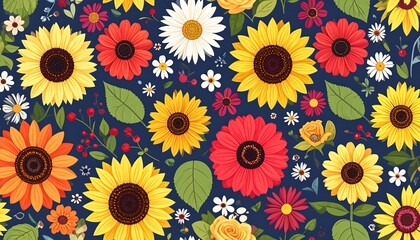 Vibrant Sunflower and Daisy Pattern on Dark Blue Background