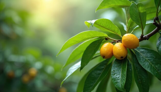 Close-up of Copaiba branch with vibrant green leaves, ripe yellow fruits. Illustration highlights natural medicine, healing properties. Branch water droplets suggesting recent rain. Background softly