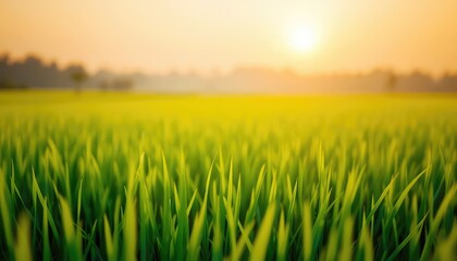 Lush green plants in a field stretch toward a bright, warm sun rising on the horizon during a tranquil and peaceful morning