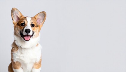 Cheerful corgi dog portrait studio setting pet photography minimal background front view playfulness and joy