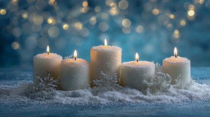 A collection of white candles with snowflakes on them, set against an icy blue background with twinkling lights and falling snow.