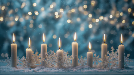 A collection of white candles with snowflakes on them, set against an icy blue background with twinkling lights and falling snow.