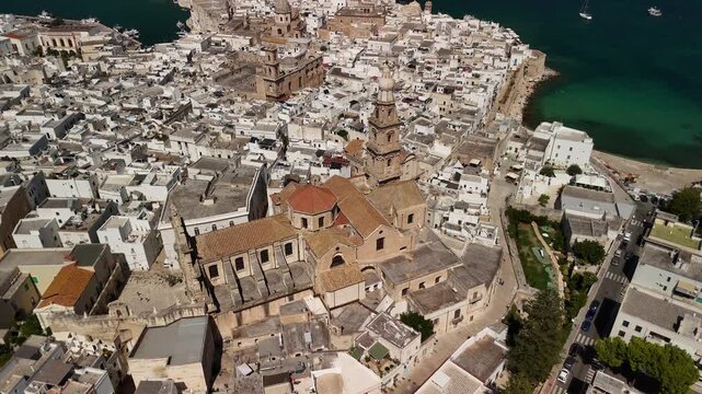 Aerial View of Basilica Cattedrale Maria Santissima della Madia and Historic Old Town of Monopoli on the Adriatic Coast, Apulia, Southern Italy