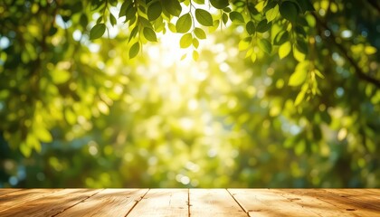 Sunlight streaming through lush green leaves creating a serene and inviting scene on top of a wooden surface perfect for product placement
