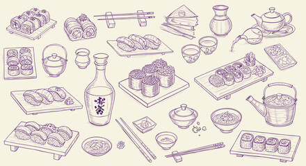 Hand drawn japanese cuisine elements with sushi, tea sets, and traditional tableware