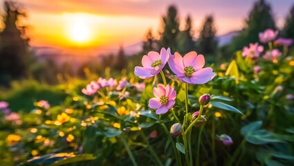 Fototapeta premium Pink flowers at golden hour green leaves sunset