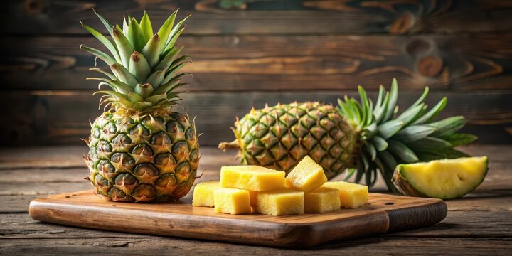 Freshly cut pineapple chunks on a wooden board with a whole pineapple in the background