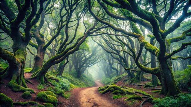 A dense forest with twisted tree trunks and gnarled branches surrounds a narrow winding path under overcast skies