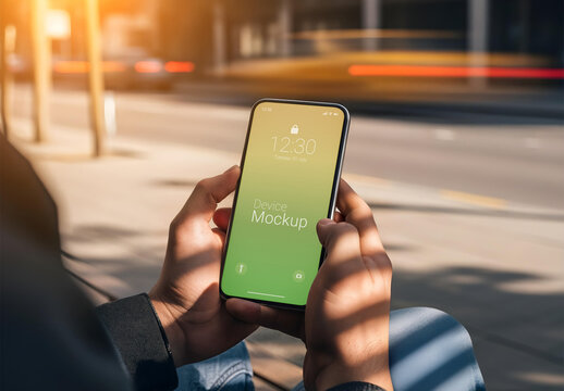 Person Holding Smartphone Mockup on City Street
