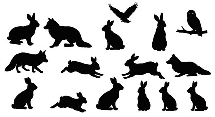 Silhouette wildlife: rabbits, foxes, and birds