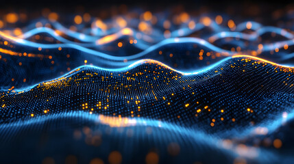 Dynamic Blue Wave Pattern with Digital Particles in Abstract Space