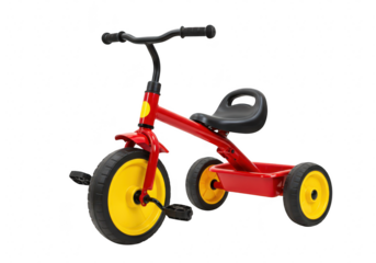 Red and yellow childrens tricycle isolated on transparent background