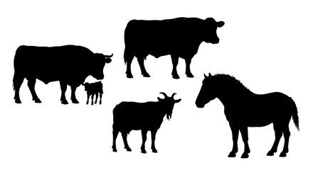Farm animal silhouettes: horse, cow, goat, sheep collection