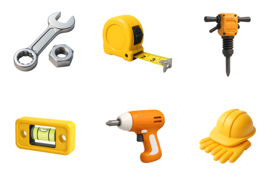 Collection of construction tools and safety equipment including a wrench nuts tape measure jackhammer level drill and hard hat