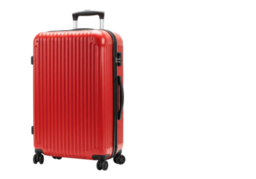 A bright red modern suitcase with wheels and handle, isolated on a transparent background, ready for travel and adventure
