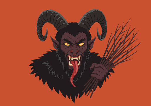 A menacing vector portrait of Krampus, the Christmas demon of folklore