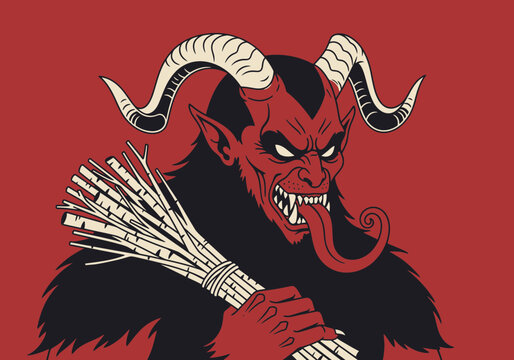 A menacing vector portrait of Krampus, the Christmas demon of folklore