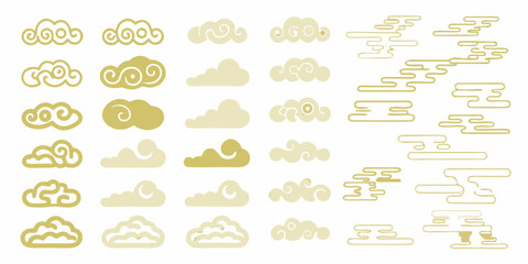 Collection of stylized golden clouds and abstract shapes on white background Keywords: clouds, golden