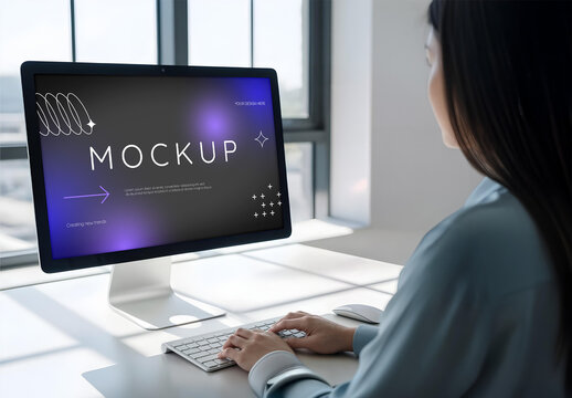 Woman Using Computer Monitor Mockup