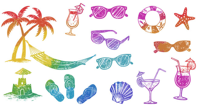 Colorful tropical beach icons with distressed summer vibes and vacation elements - Powered by Adobe