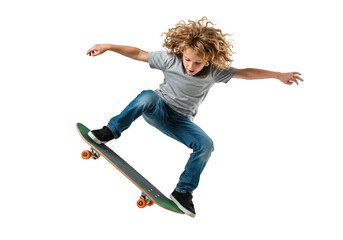 A young boy performing a skateboarding trick in midair, isolated on transparent background