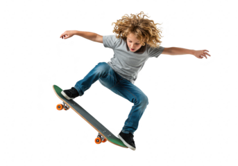 A young boy performing a skateboarding trick in midair, isolated on transparent background